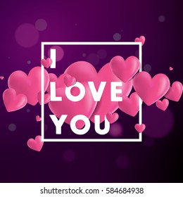 Decorative vector background with realistic 3D looking hearts created with gradient mesh, I Love You typographic message