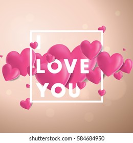 Decorative vector background with realistic 3D looking hearts created with gradient mesh, I Love You typographic message