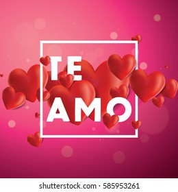 Decorative vector background with realistic 3D looking hearts created with gradient mesh, Te Amo (I love You in Spanish) typographic message