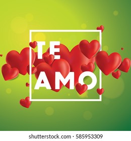 Decorative vector background with realistic 3D looking hearts created with gradient mesh, Te Amo (I love You in Spanish) typographic message