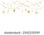 Decorative vector background with snowflakes. Christmas and New Year decoration - Merry Christmas and Happy New Year banner.
Christmas card or banner. Hanging Christmas balls of garlands and stars.