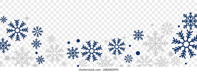 Decorative vector background with snowflakes. Christmas and New Year decoration, cold winter. Design element. Vector for postcard, banner, flyer, congratulation. Vector illustration on png background.