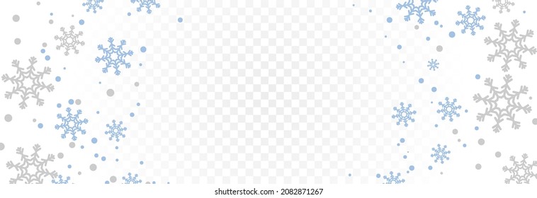 Decorative vector background with snowflakes. Christmas and New Year decoration, cold winter. Design element. Vector for postcard, banner, flyer, congratulation. Vector illustration on png background.