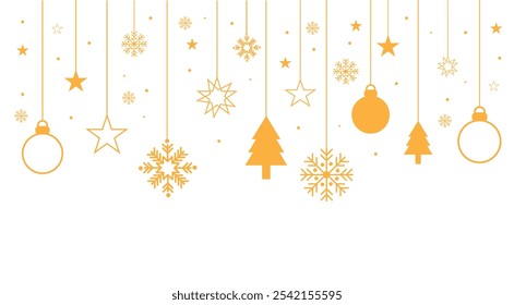 Fondo de Vector decorativo con copos de nieve. Navidades y decoración del Año Nuevo - Navidades felices y feliz Anuncio del Año Nuevo.
Tarjeta de Navidad o Anuncio. Colgando bolas de Navidad de guirnaldas y estrellas.