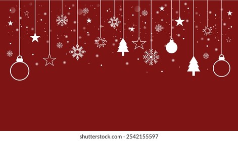 Fondo de Vector decorativo con copos de nieve. Navidades y decoración del Año Nuevo - Navidades felices y feliz Anuncio del Año Nuevo.
Tarjeta de Navidad o Anuncio. Colgando bolas de Navidad de guirnaldas y estrellas.