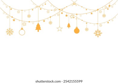 Decorative vector background with snowflakes. Christmas and New Year decoration - Merry Christmas and Happy New Year banner.
Christmas card or banner. Hanging Christmas balls of garlands and stars.