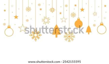 Decorative vector background with snowflakes. Christmas and New Year decoration - Merry Christmas and Happy New Year banner.
Christmas card or banner. Hanging Christmas balls of garlands and stars.