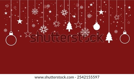 Decorative vector background with snowflakes. Christmas and New Year decoration - Merry Christmas and Happy New Year banner.
Christmas card or banner. Hanging Christmas balls of garlands and stars.
