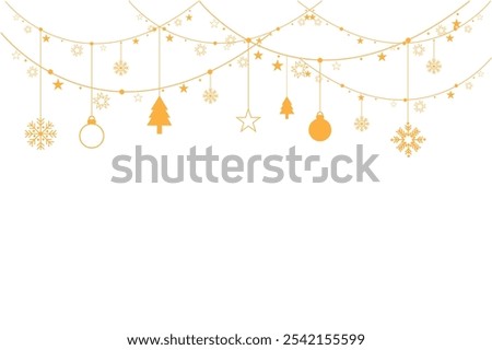 Decorative vector background with snowflakes. Christmas and New Year decoration - Merry Christmas and Happy New Year banner.
Christmas card or banner. Hanging Christmas balls of garlands and stars.