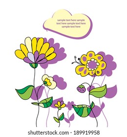 decorative vector background with stylized flowers and text, buds