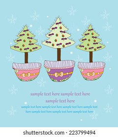 decorative vector background with three Christmas ornaments Christmas trees in a pot