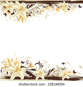 Decorative vector background with white lily and butterflies
