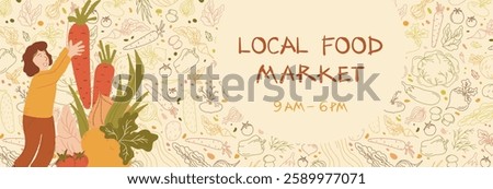 Decorative vector banner for local food market featuring illustrated vegetables pattern, cartoon figure holding giant carrot, and operating hours. Warm color palette with orange and yellow tones.