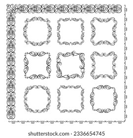 Decorative vector black art deco curled frames and seamless borders set for framed certificate template, diploma, invitations, headers, signboard. Modern interpretation of Islamic motifs. Part 6
