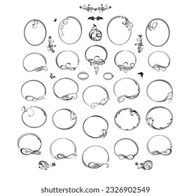 Decorative vector black oval, round frames and vignette set. Vintage calligraphic borders, ornaments for framed certificate template, diploma, menu and wedding design, invitations, header. Part 3