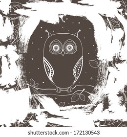Decorative vector black and white owl on a tree branch