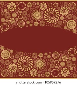 Decorative vector border - frame with golden rosettes - snowflakes on brawn background