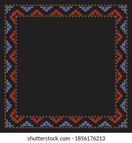 Decorative vector border inspired by tribal design. Square empty border frame with bold colors on dark background.