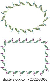 Decorative vector borders from colorful cartoon peacocks