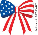 Decorative vector bow made from American flag colors with stars and stripes. Isolated patriotic sticker suitable for Independence Day, holiday decorations, gift wrapping, greeting cards, invitations, festive branding, and celebration graphics.