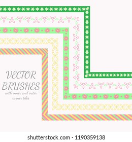 Decorative vector brushes with inner and outer corner tiles. Pattern Brush for illustrator. Vector isolate element. Design template. Holiday, artistic decor.