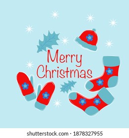 Tarjeta vectorial decorativa para Navidad, sobre un fondo azul con mitones de punto calientes, un sombrero, medias, con copos de nieve.