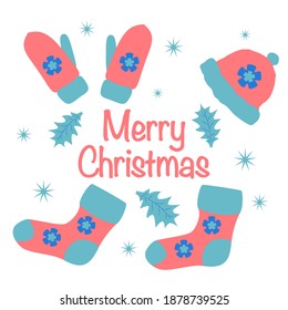 Decorative vector card for Christmas, on a blue background with pink warm knitted mittens, a hat, socks, with white snowflakes.