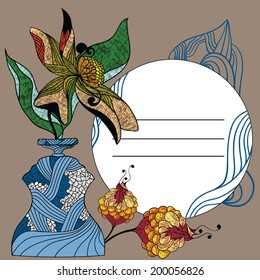 Decorative vector card with ethnic ornamental flowers and text label