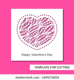 Decorative vector card heart. Floral ornament of leaves. Design element, sample panel for plotter cutting, handmade. Template for paper cut, plywood, cardboard, metal engraving, wood carving, printing
