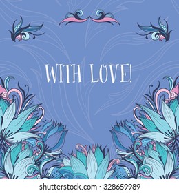 Decorative Vector Card with Lotus Flowers | Purple Love illustration with blue floral frame and ornamental vignettes 