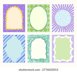 Decorative vector card templates set. Modern playful rectangle backgrounds with bold wavy shaped frames on checkered, striped, marble patterns. Groovy Y2K poster layouts with copy space in flat style