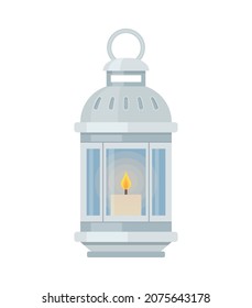 Decorative vector cartoon candlestick with burning candle isolated on white background.