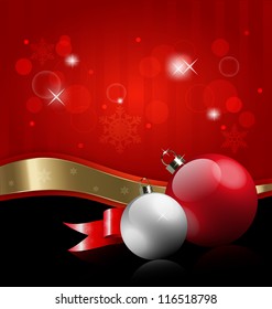 	Decorative vector Christmas background with balls, ribbon, and gold embellishment