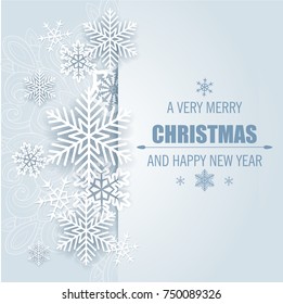 Decorative vector Christmas background with white paper snowflakes. Merry Christmas lettering.