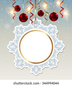 Decorative vector Christmas banner with shining garland and red baubles