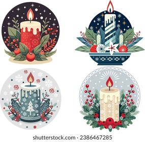 Decorative vector Christmas candles decorated with berries and leaves on a white background. New Year candles vector graphics.