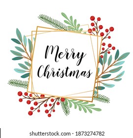 Decorative vector Christmas golden floral frame with evergreen plants and text. Design for new year and Christmas greeting card.