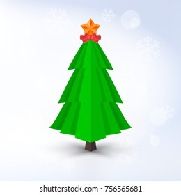Decorative Vector Christmas Tree with Golden Star and Red Bow on Light Background. Barely Distinguishable Vector Snowflakes.