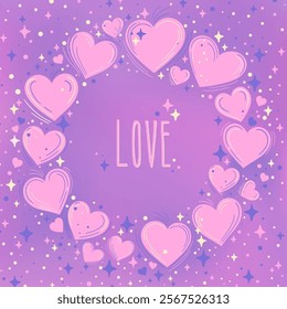 Decorative vector circular frame composed of pink hearts surrounded by colorful stars and dots on a purple background, with LOVE text in the center. Perfect for romantic and social designs.