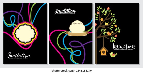 Decorative Vector Collection. Invitations with tree and bird house designs