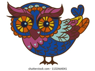 Decorative vector colored owls. Cute boho style hand drawn owl characters. Blue, light blue