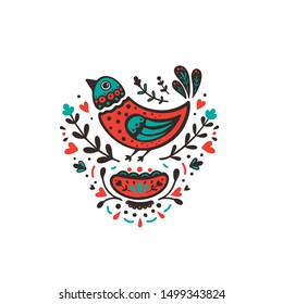 Decorative vector colorful illustration with bird and flowers in scandinavian design. Floral folk ornament in Swedish or Norwegian style. Use for card, print, embroidery, posters, logo or emblem 