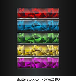 Decorative vector colorful long crystal buttons set. Horizontal banners for game or web design. Vector