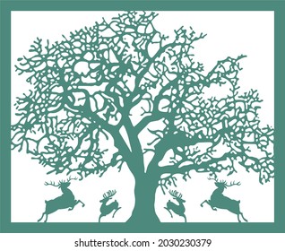 Decorative vector composition deer jumping under a tree, save ecology and nature
