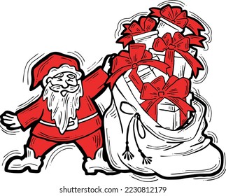 Decorative vector composition. Santa Claus, his big sack full of gifts. Christmas, New Year composition for banner design, party invitation. Hand drawn illustration, cartoon style character drawing.