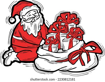 Decorative vector composition. Santa Claus, his big sack full of gifts. Christmas, New Year composition for banner design, party invitation. Hand drawn illustration, cartoon style character drawing.