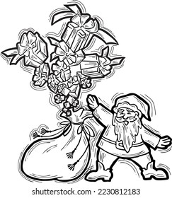 Decorative vector composition. Santa Claus, his big sack full of gifts. Christmas, New Year composition for banner design, party invitation. Hand drawn illustration, cartoon style character drawing.