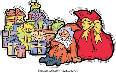 Decorative vector composition. Santa Claus, his big sack full of gifts. Christmas, New Year composition for banner design, party invitation. Hand drawn illustration, cartoon style character drawing.