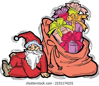 Decorative vector composition. Santa Claus, his big sack full of gifts. Christmas, New Year composition for banner design, party invitation. Hand drawn illustration, cartoon style character drawing.