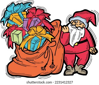 Decorative vector composition. Santa Claus, his big sack full of gifts. Christmas, New Year composition for banner design, party invitation. Hand drawn illustration, cartoon style character drawing.